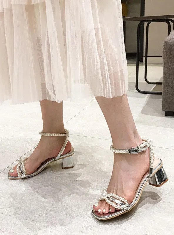 A Strap Silver Pearl Bow Thick Heel Sandals