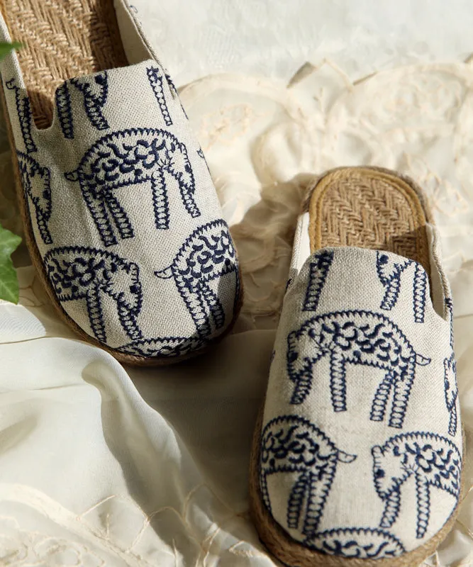 Beige Cotton Fabric Comfy Embroideried Slide Sandals