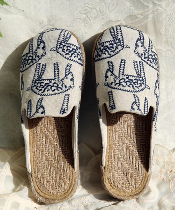 Beige Cotton Fabric Comfy Embroideried Slide Sandals