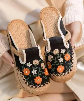 Boho Retro Black Linen Fabric Embroidery Slide Sandals XC1059