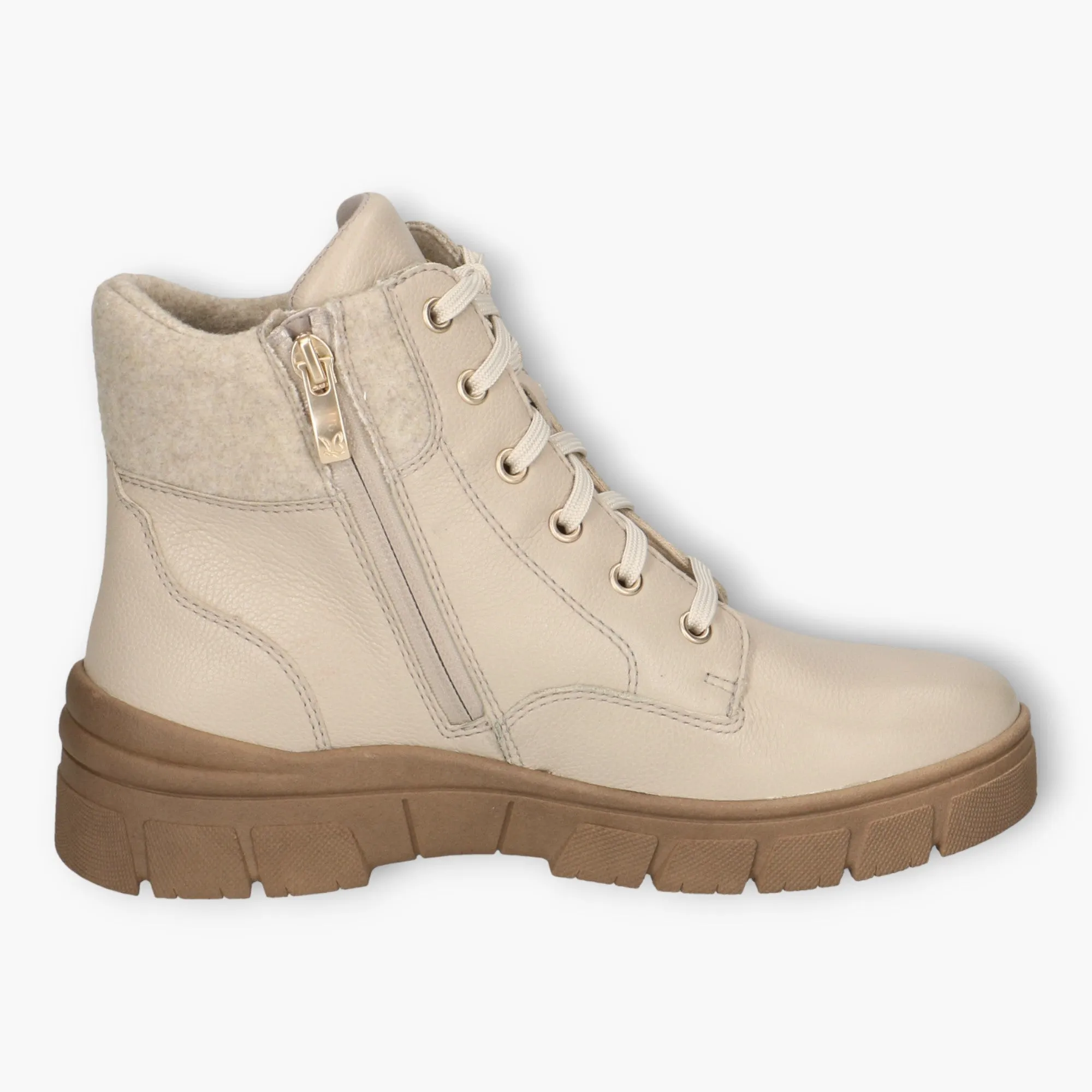 Caprice Beige Boots with Gum Sole, Laces & Side Zip - Wedge Sole, Wide Fit, Comfort Focused