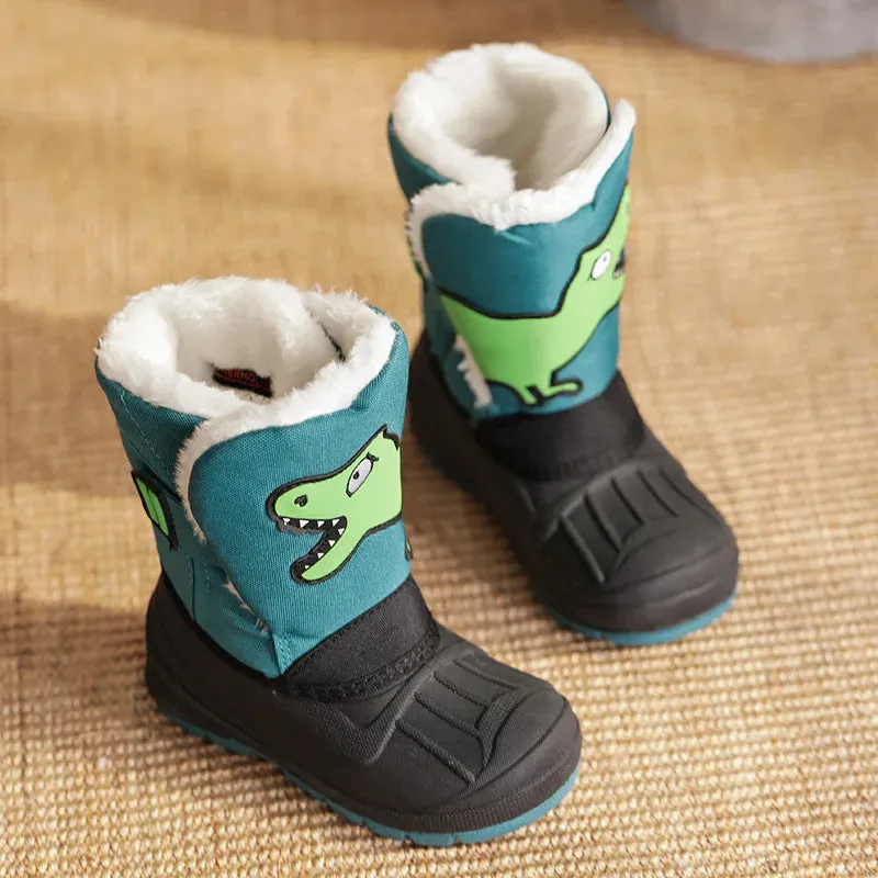 Cartoon Dinosaur Print Kids High Ski Snow Boots