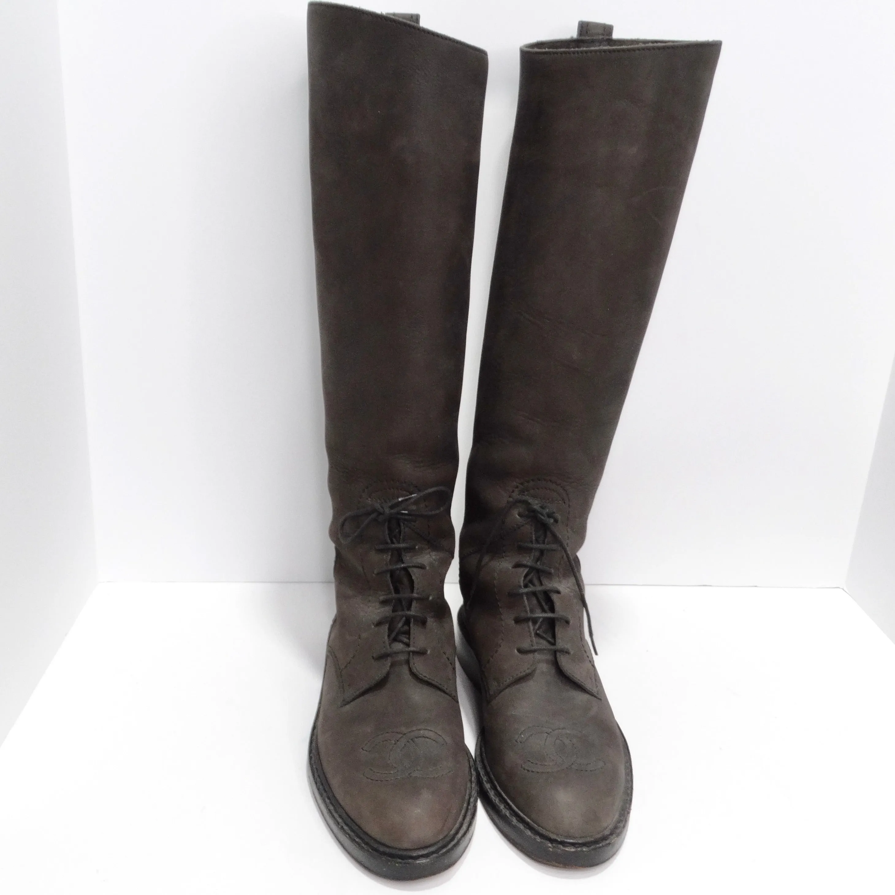 Chanel Logo Brown Leather Knee High Boots