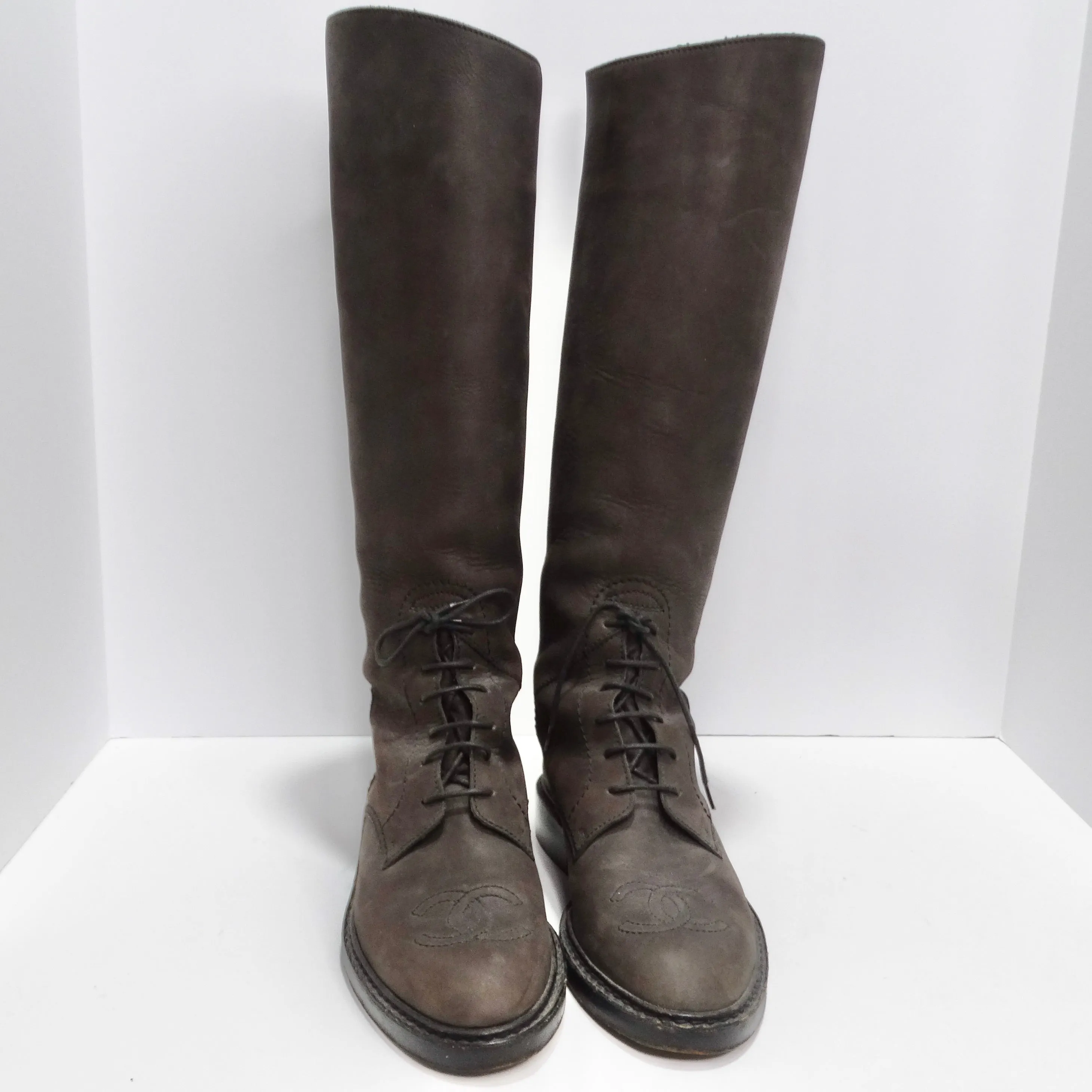 Chanel Logo Brown Leather Knee High Boots