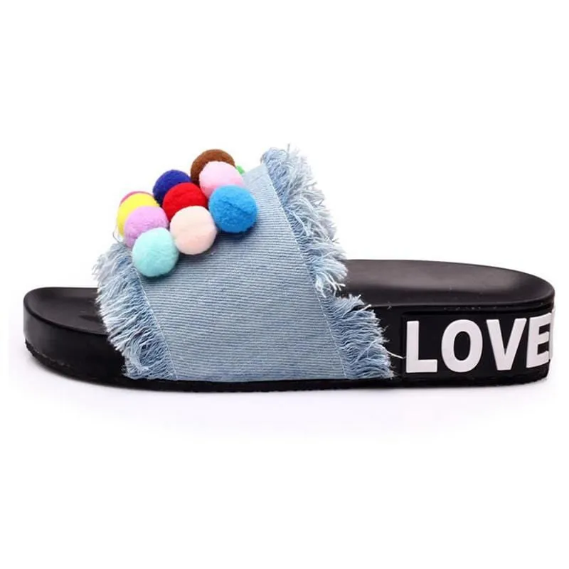 Colorful Pom-Pom Slide Sandals