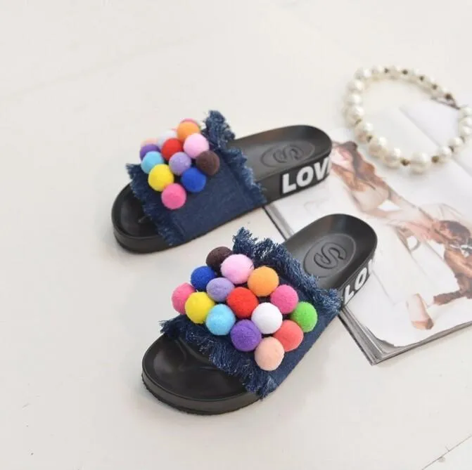 Colorful Pom-Pom Slide Sandals