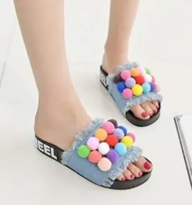 Colorful Pom-Pom Slide Sandals