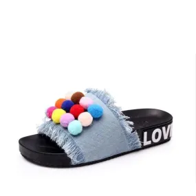 Colorful Pom-Pom Slide Sandals