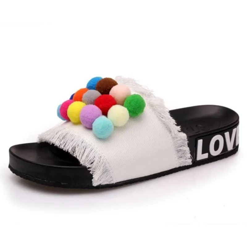 Colorful Pom-Pom Slide Sandals