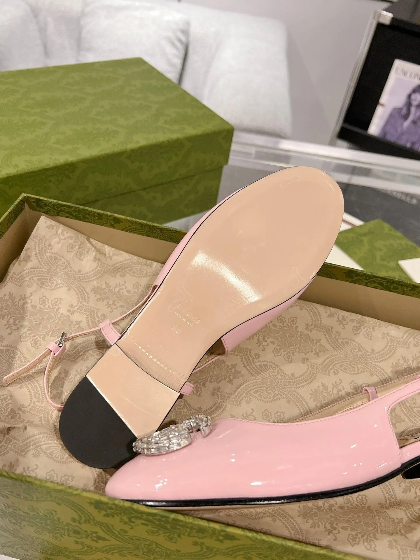 GG CRYSTALS SLINGBACK BALLET LIGHT PINK CALFSKIN