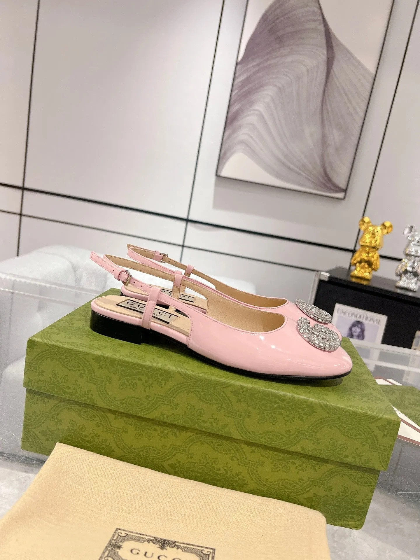 GG CRYSTALS SLINGBACK BALLET LIGHT PINK CALFSKIN