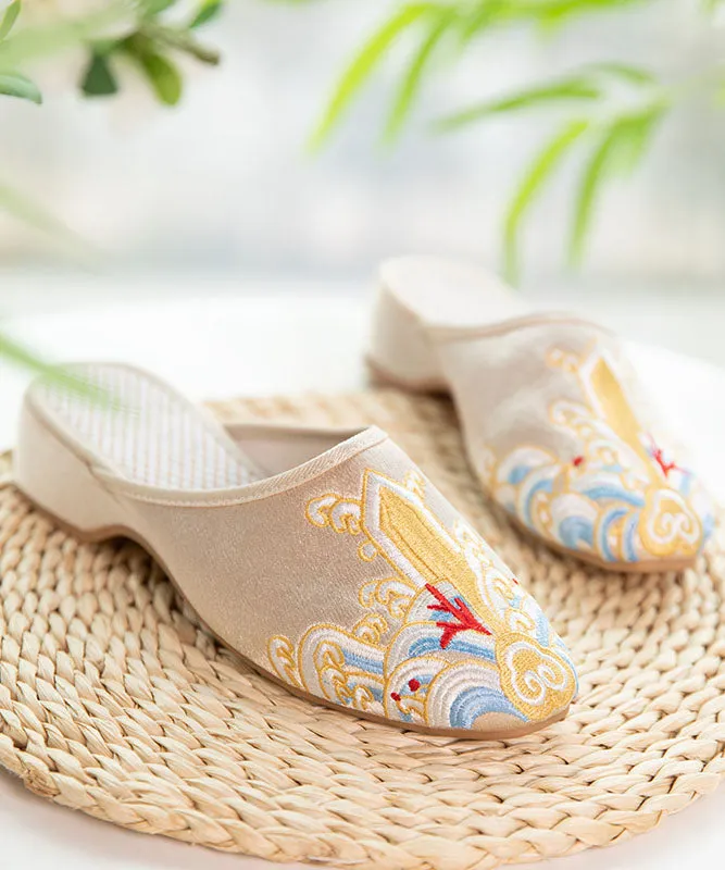 Gold Satin Slide Sandals Splicing Pointed Toe Embroideried Women LY7589