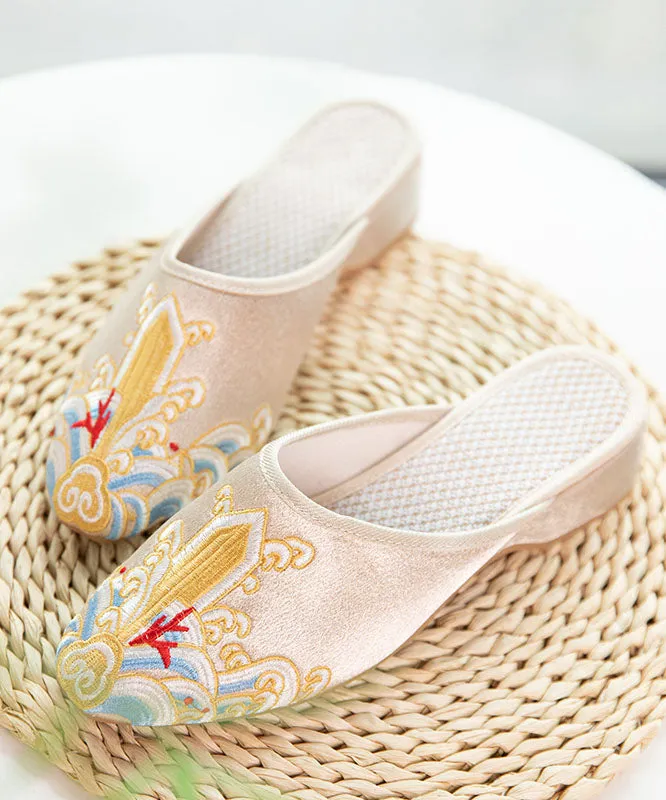 Gold Satin Slide Sandals Splicing Pointed Toe Embroideried Women LY7589