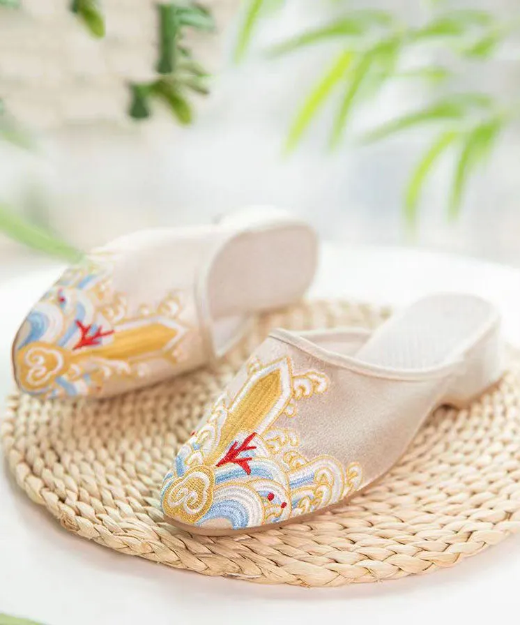 Gold Satin Slide Sandals Splicing Pointed Toe Embroideried Women LY7589