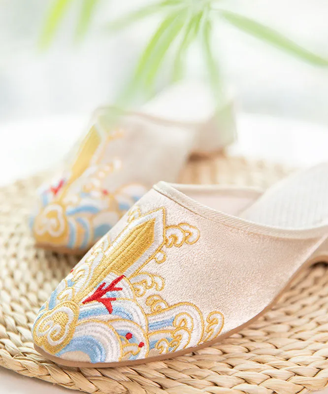 Gold Satin Slide Sandals Splicing Pointed Toe Embroideried Women LY7589