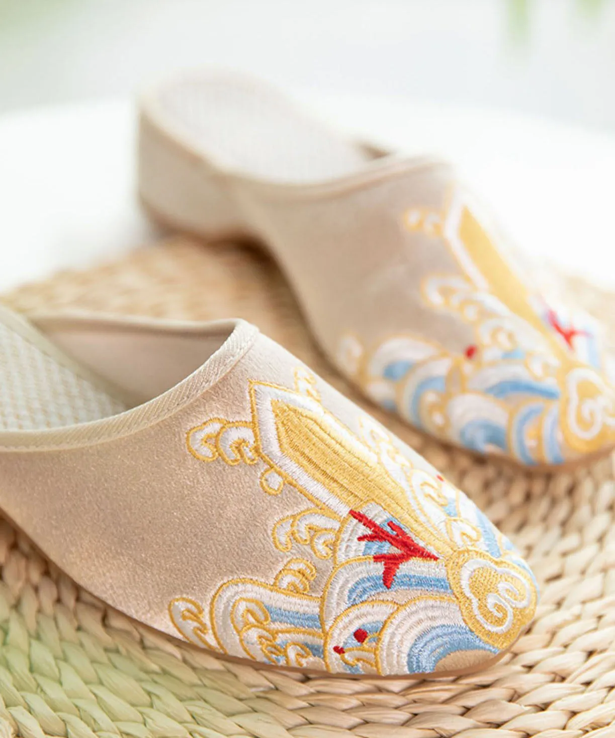 Gold Satin Slide Sandals Splicing Pointed Toe Embroideried Women LY7589