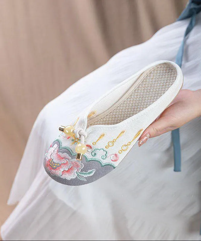 Grey Embroideried Cotton Fabric Vintage Splicing Slide Sandals