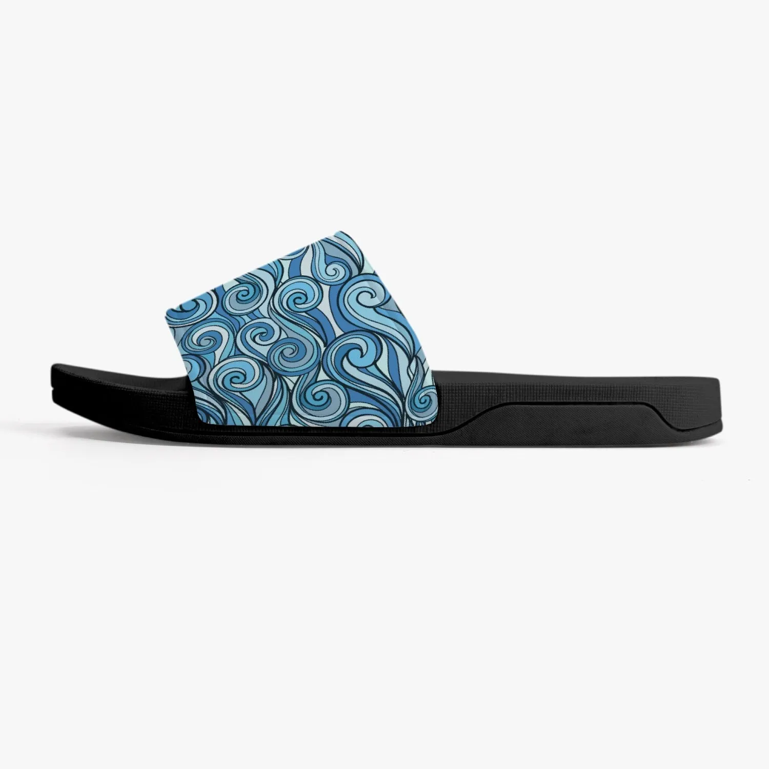 Groovy Waves Slides Sandals, Men Women Blue Ocean Black Designer Shoe Flat Wedge Slippers Casual Flip Flops Slip On