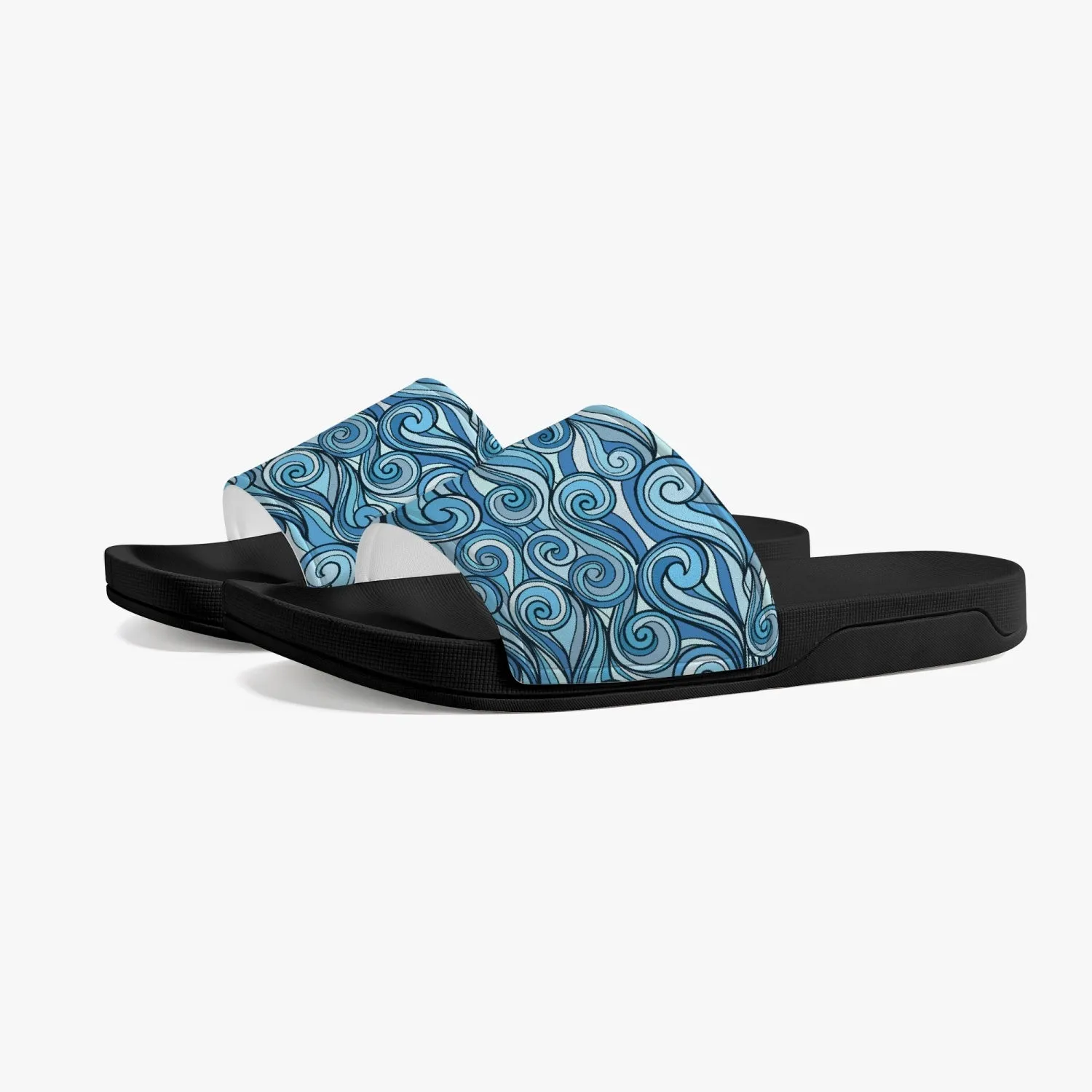 Groovy Waves Slides Sandals, Men Women Blue Ocean Black Designer Shoe Flat Wedge Slippers Casual Flip Flops Slip On