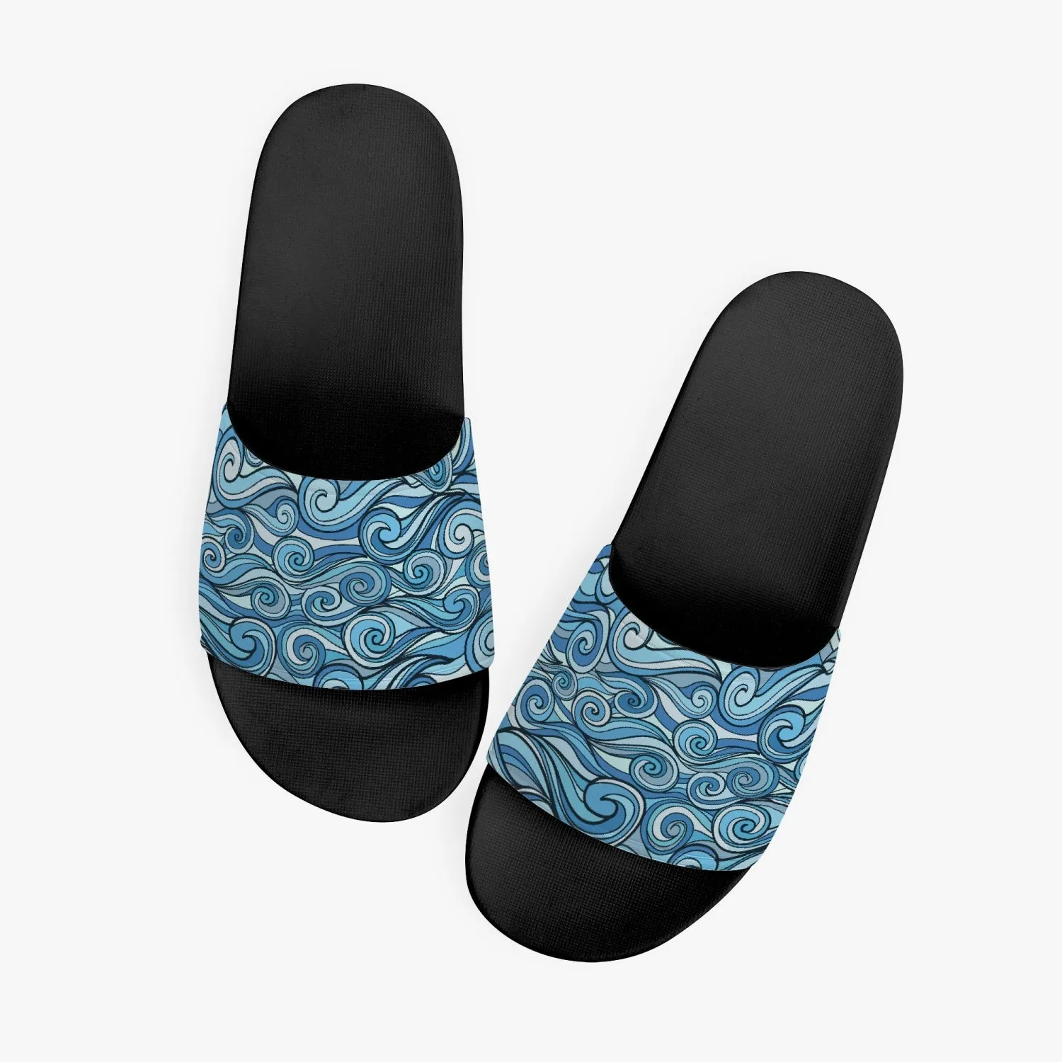 Groovy Waves Slides Sandals, Men Women Blue Ocean Black Designer Shoe Flat Wedge Slippers Casual Flip Flops Slip On