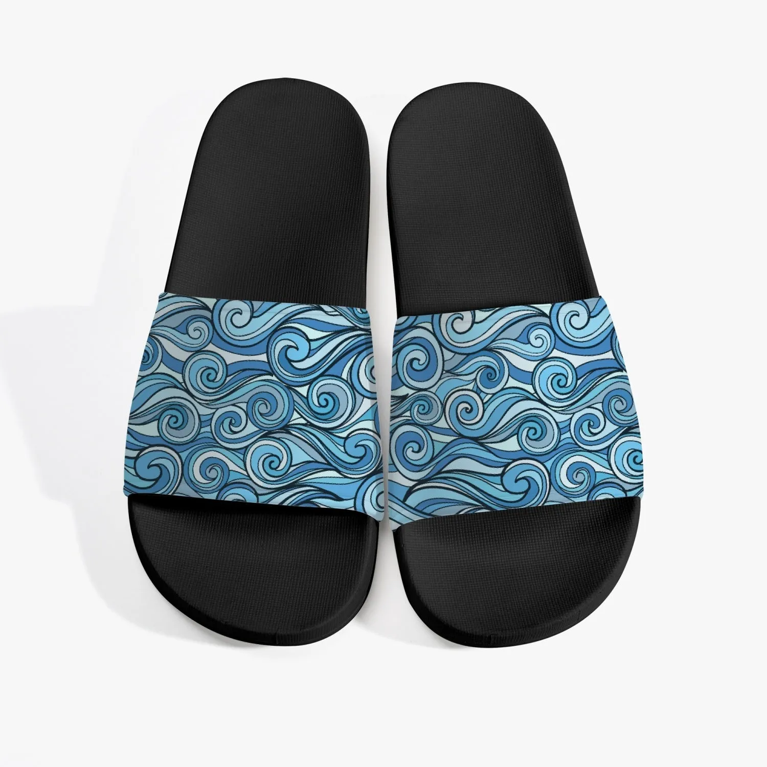 Groovy Waves Slides Sandals, Men Women Blue Ocean Black Designer Shoe Flat Wedge Slippers Casual Flip Flops Slip On