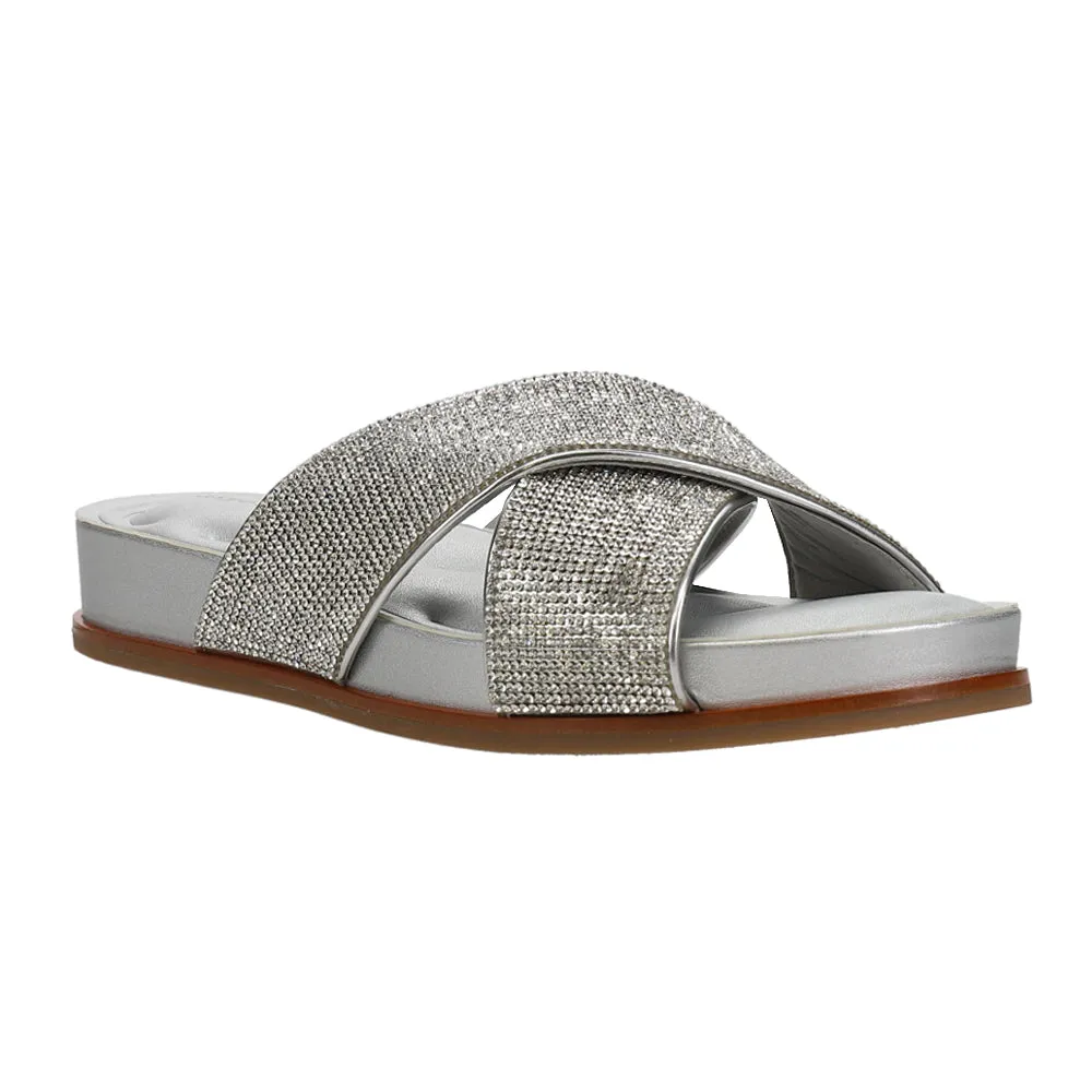 Judy Rhinestone Metallic Slide Sandals