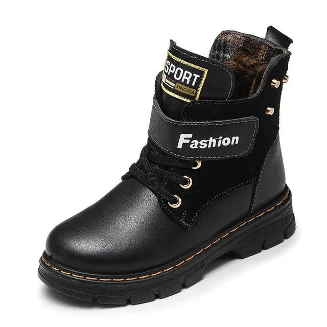 Kids Mid-Calf Leather Plush Warm Waterproof Boots