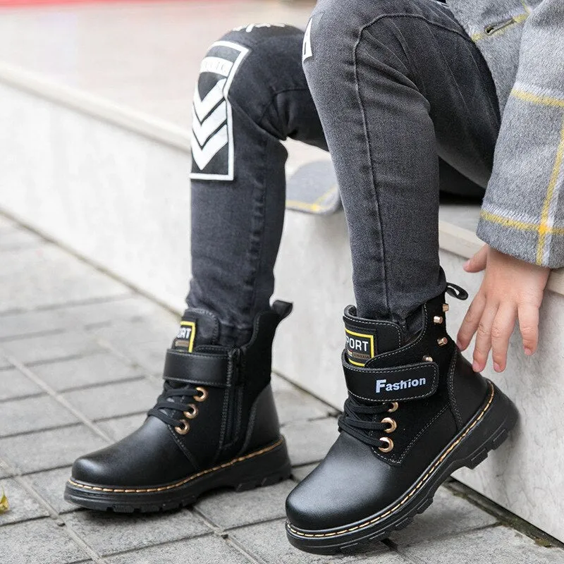 Kids Mid-Calf Leather Plush Warm Waterproof Boots