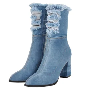 Light Blue Denim Pointed Toe Ankle Boots