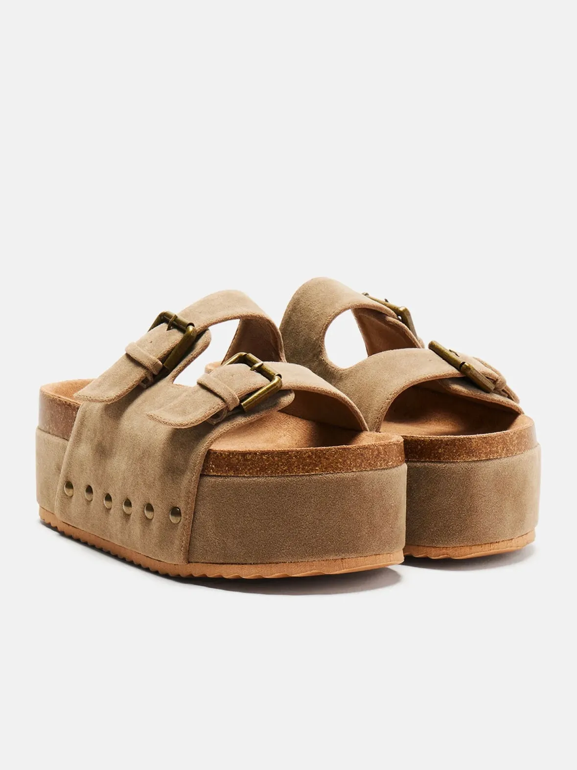 Light brown flat platform slides sandals