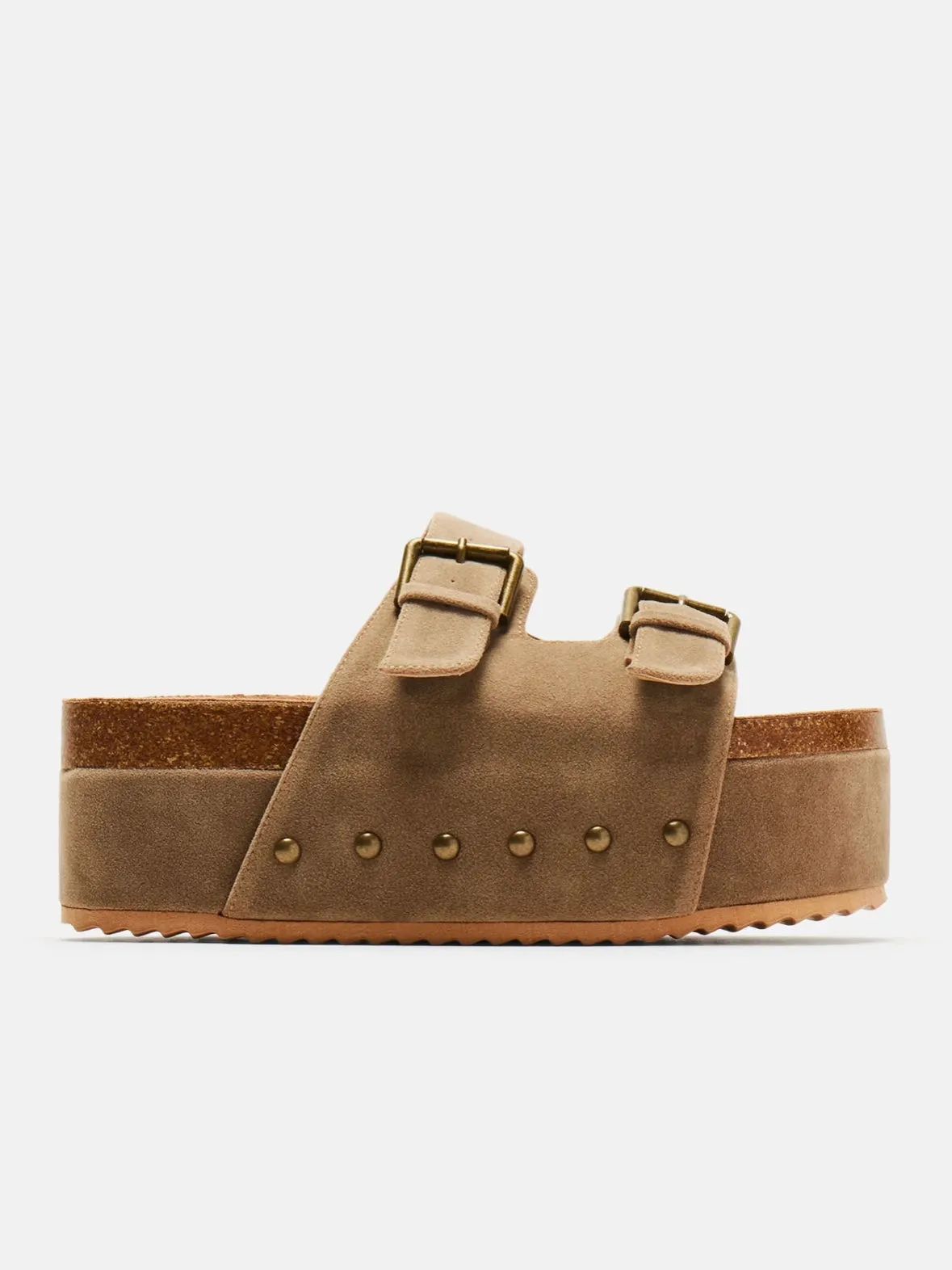 Light brown flat platform slides sandals