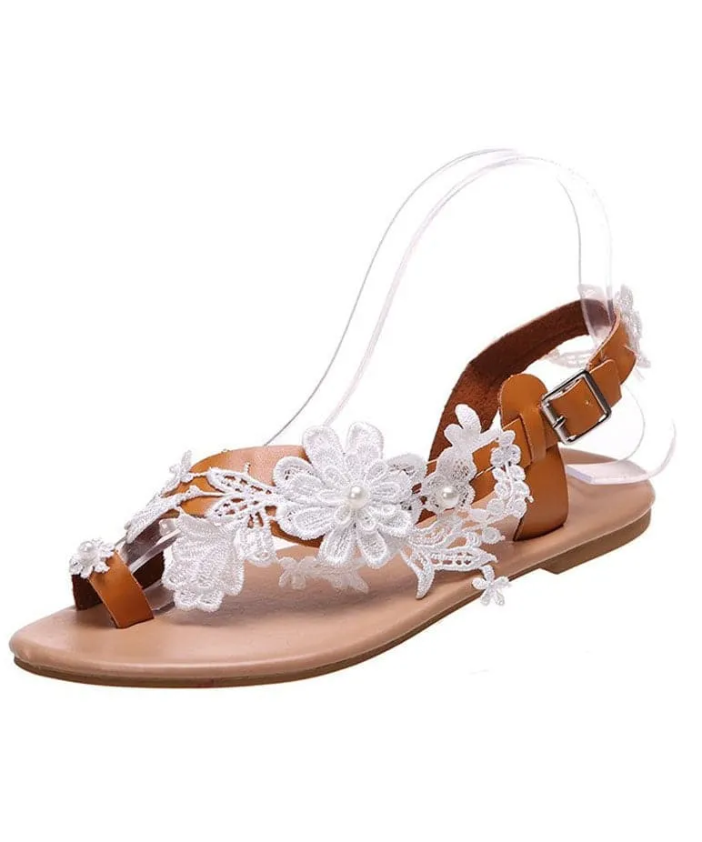 Light Brown Flat Sandals Lace Fabric Fine Peep Toe Walking Sandals