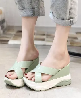 Light Green Faux Leather Wedge Thong Sandals