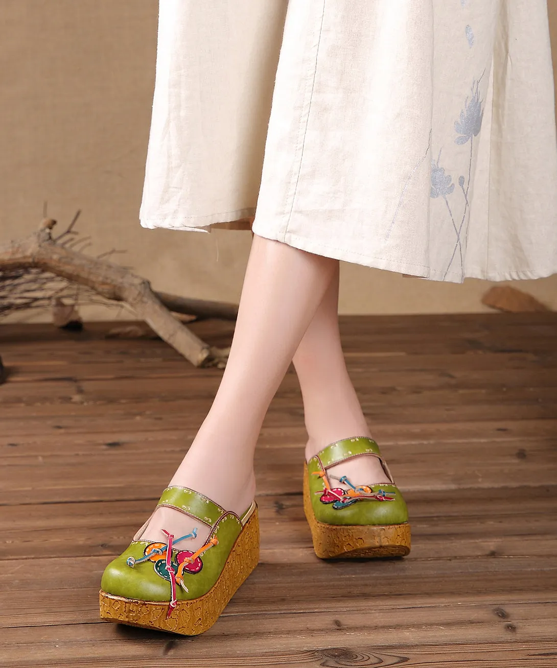 Unique Yellow Stripe Cowhide Leather Splicing Wedge Slide Sandals SL1029