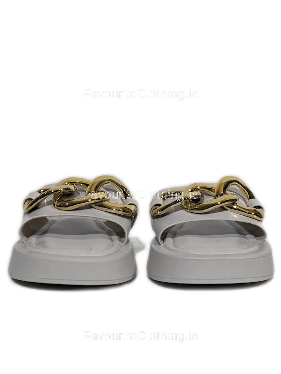 White Thick Sole Platform Sliders with Gold Buckle