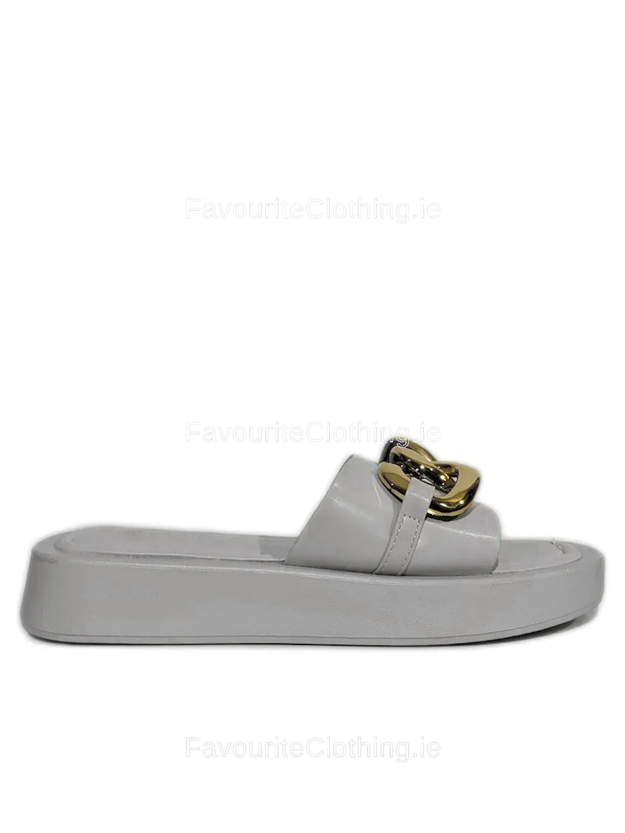 White Thick Sole Platform Sliders with Gold Buckle