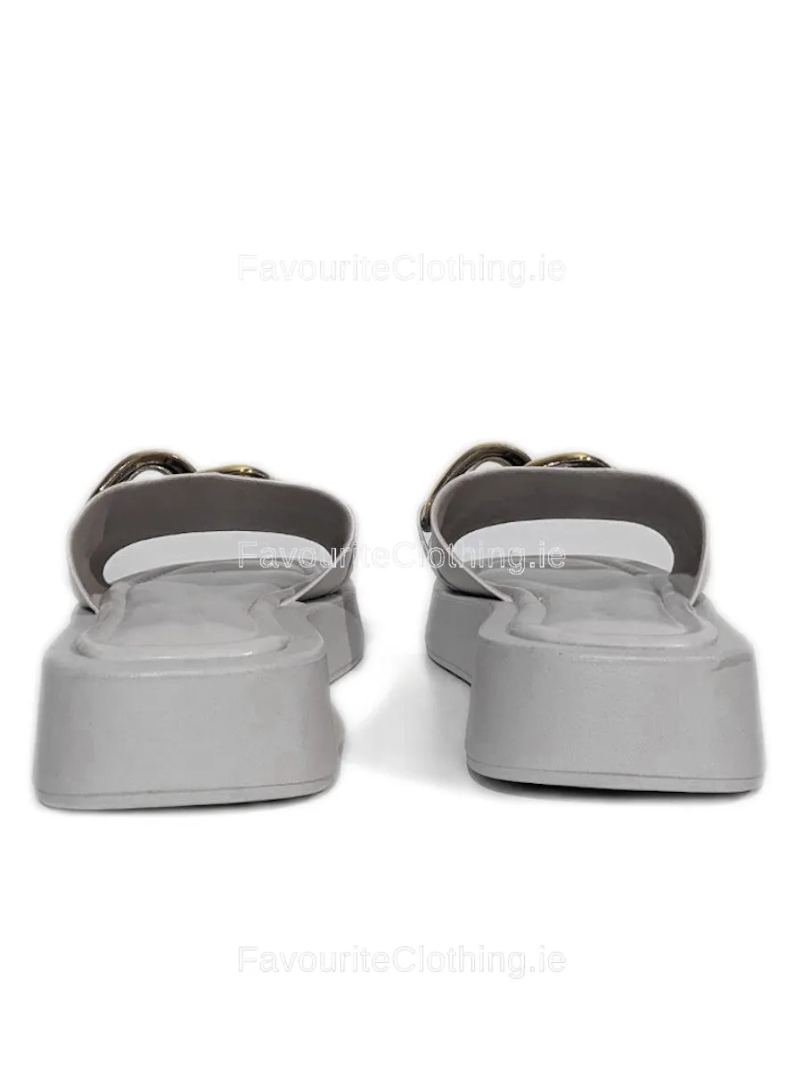 White Thick Sole Platform Sliders with Gold Buckle