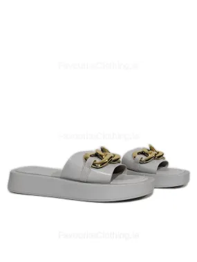 White Thick Sole Platform Sliders with Gold Buckle